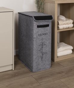 Kapaklı ve kulplu gri deri detaylı Laundry yazılı dik çamaşır sepeti